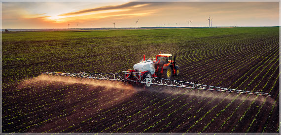 Tractor in field spraying crops